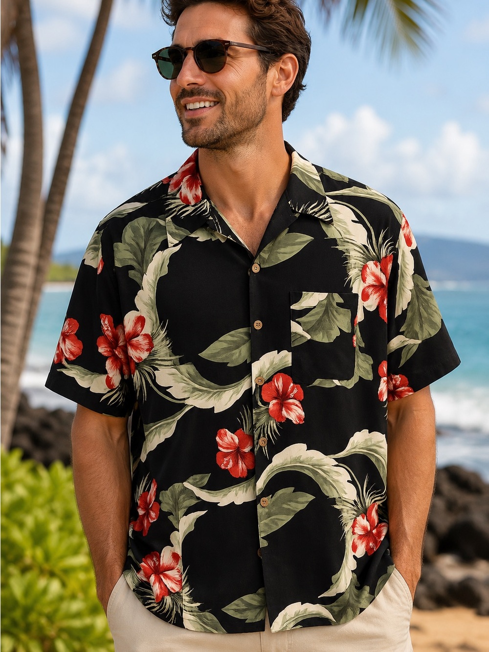 Paradise Cove Hawaiian Aloha Shirt Men’s Large Black Floral Tropical Camp Shirt
